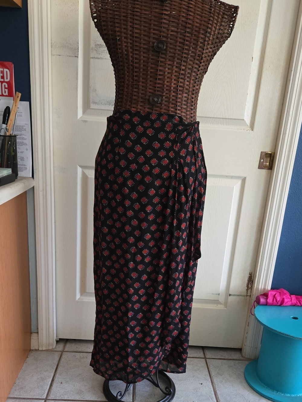 Carole Little Black Maxi Skirt with Red Floral Motif